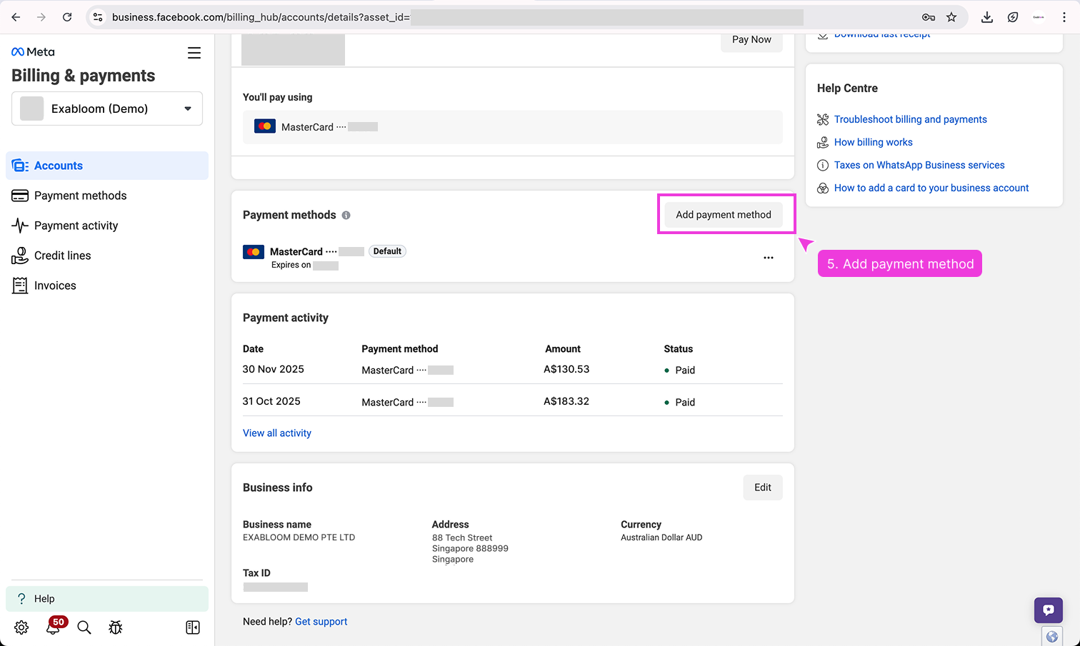 Add payment method to WABA