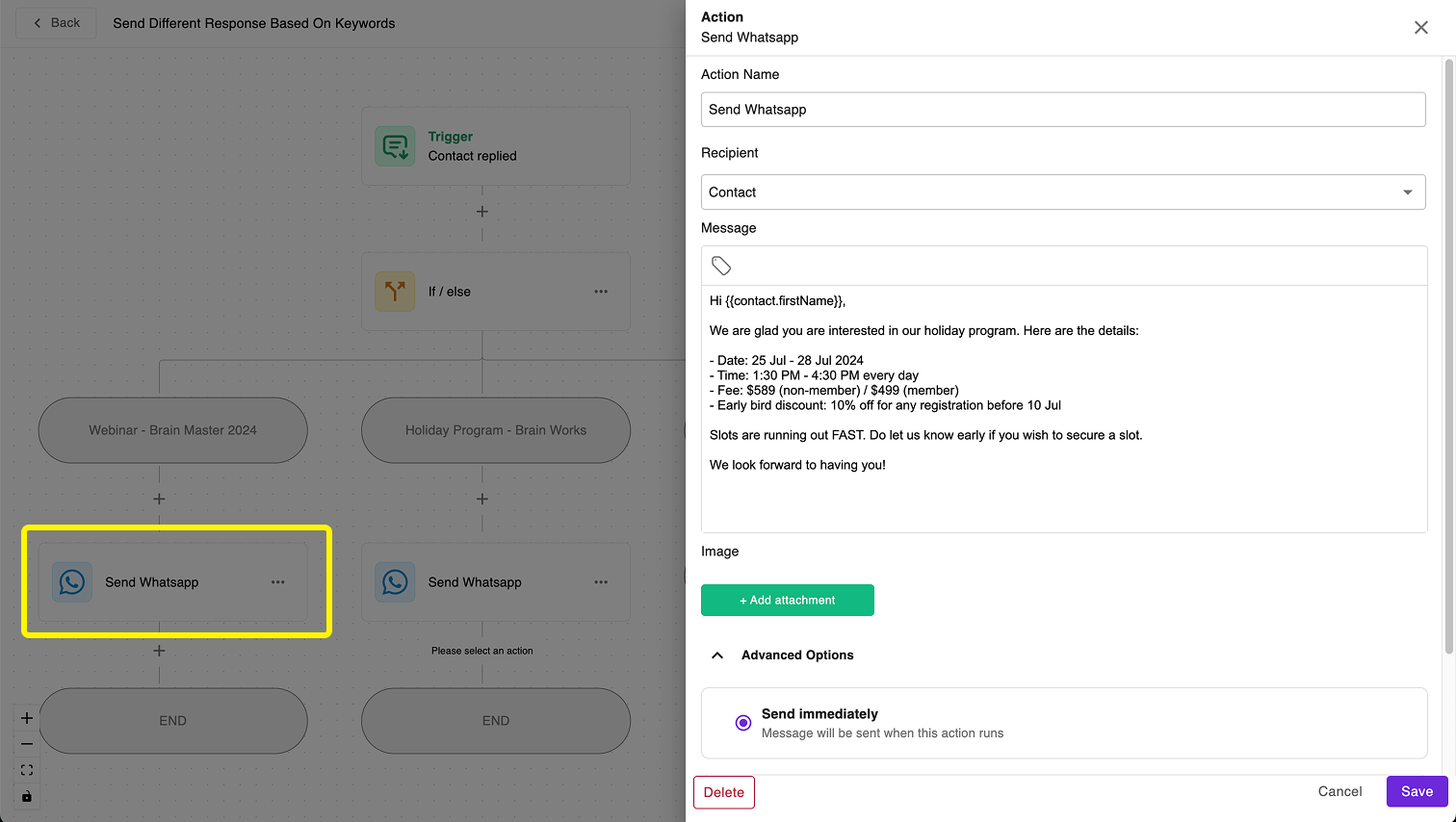 Example of send whatsapp in webinar branch