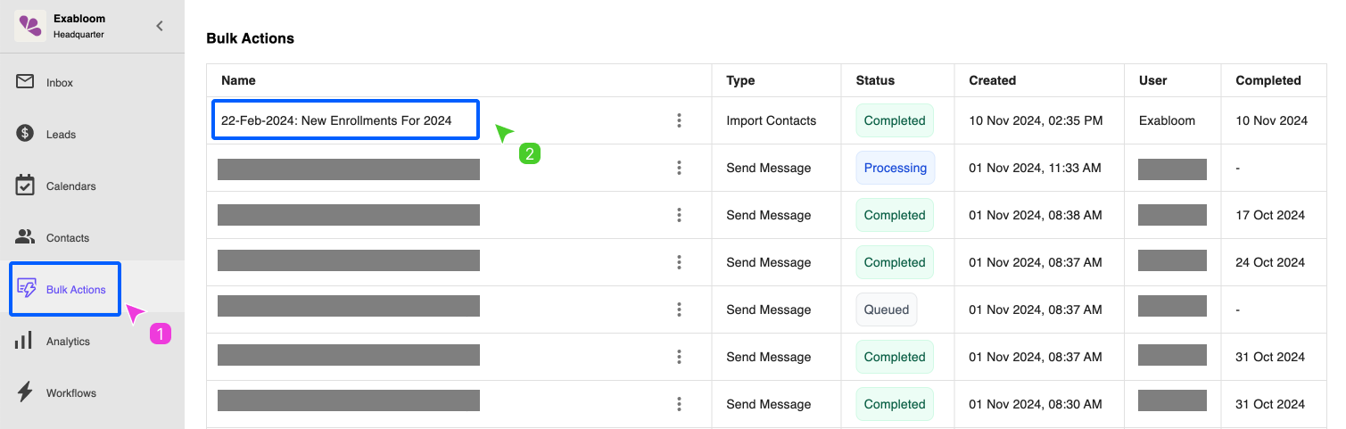 Bulk Actions Contact Import Progress