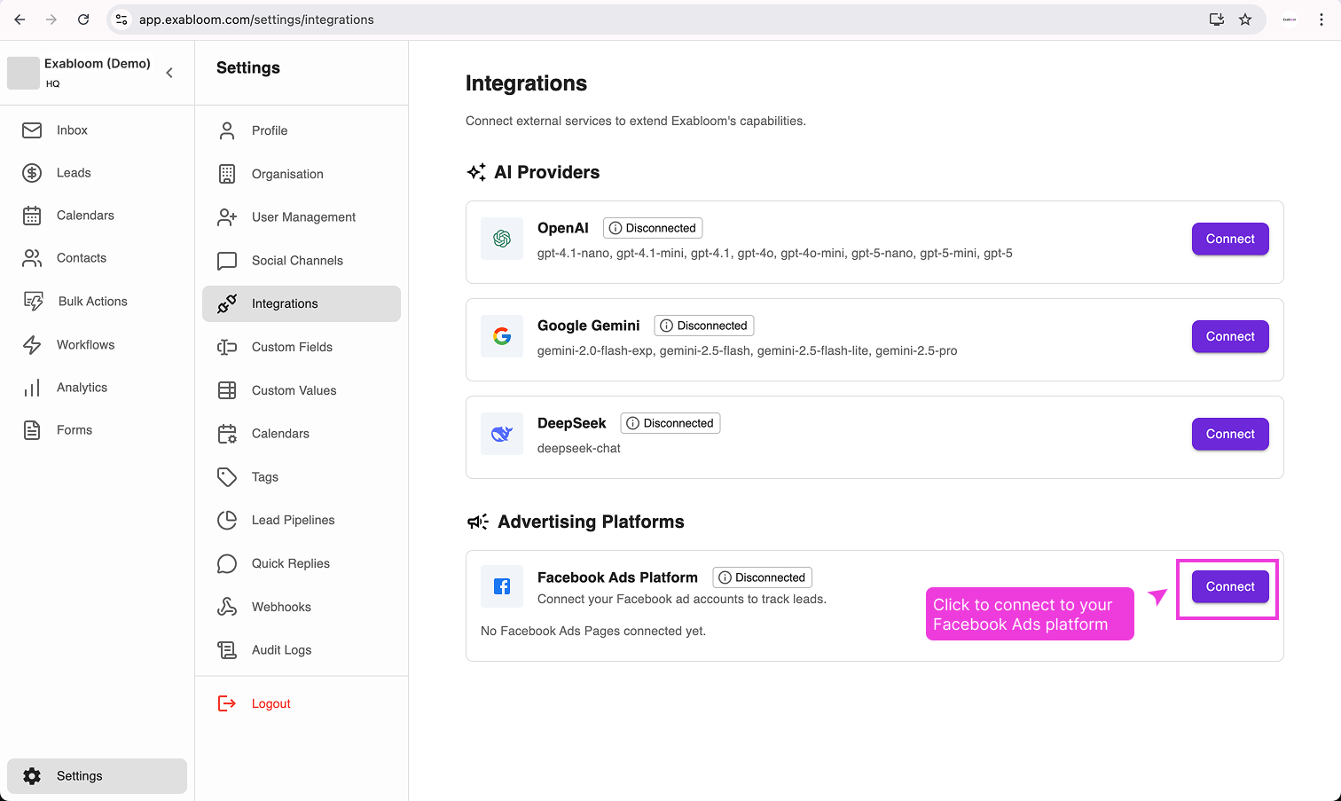 The Integrations page showing the Facebook Ads Platform with a Connect button