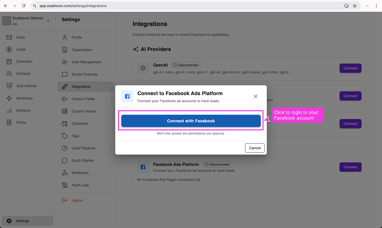 Facebook login screen with a Continue button