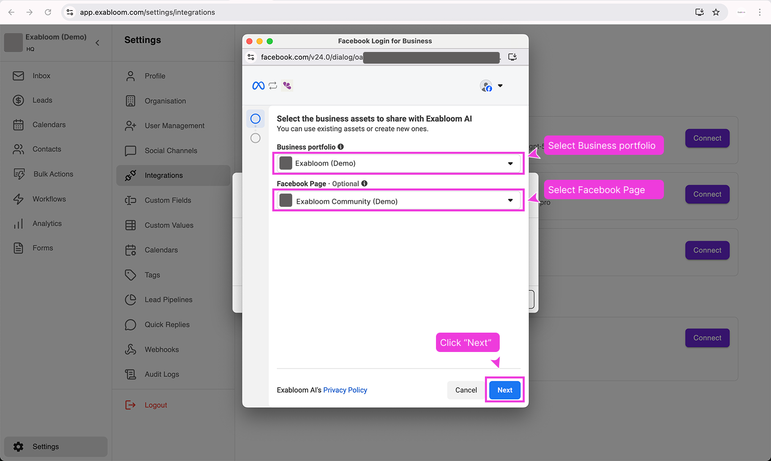 Selection screen for Business Portfolio and Facebook Page