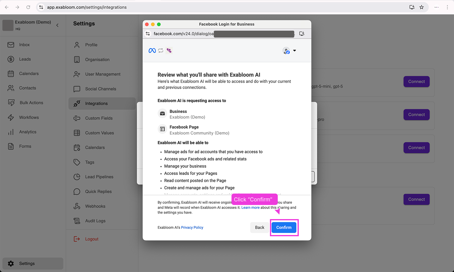 Permission confirmation screen with a Confirm button