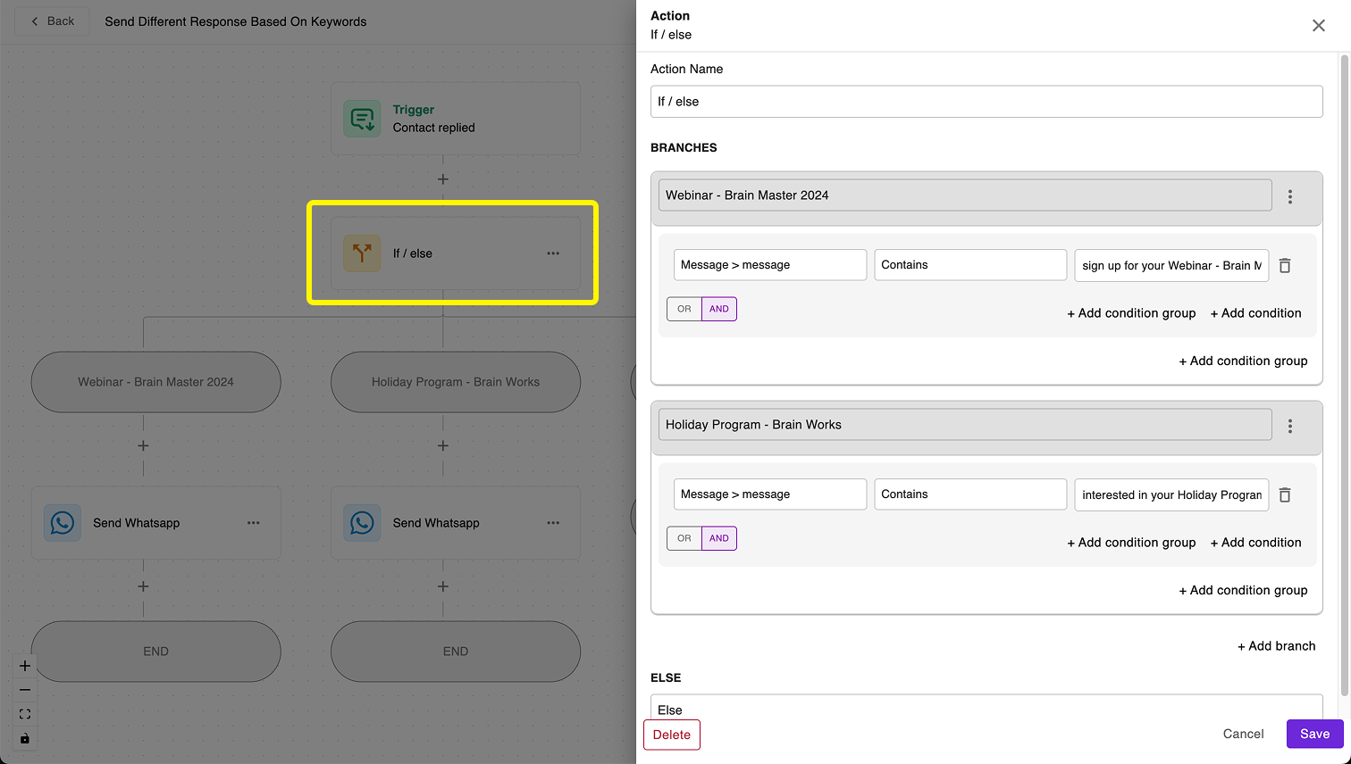 Example of condition setup
