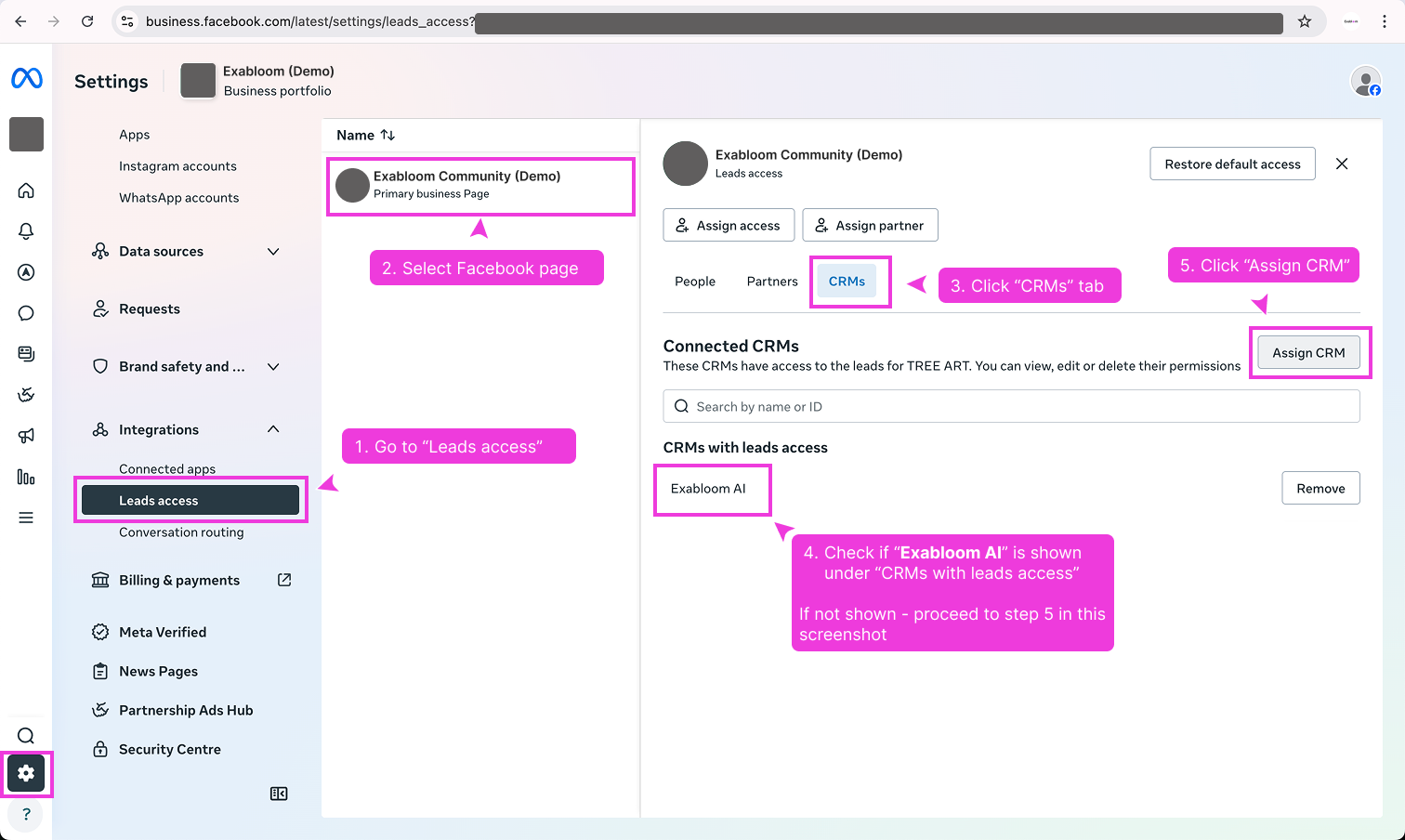 Meta Business Suite settings page showing Leads access options