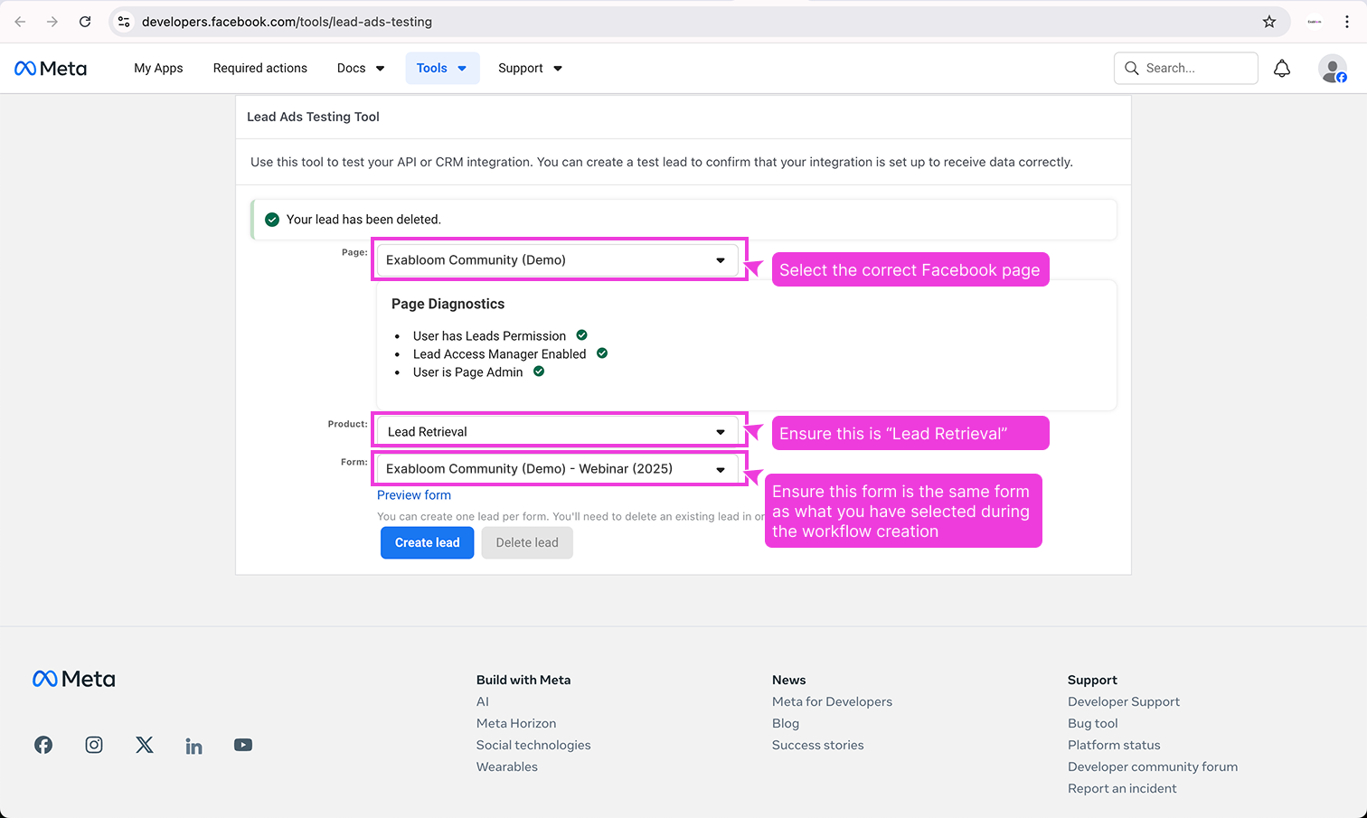 Lead testing tool with correct settings