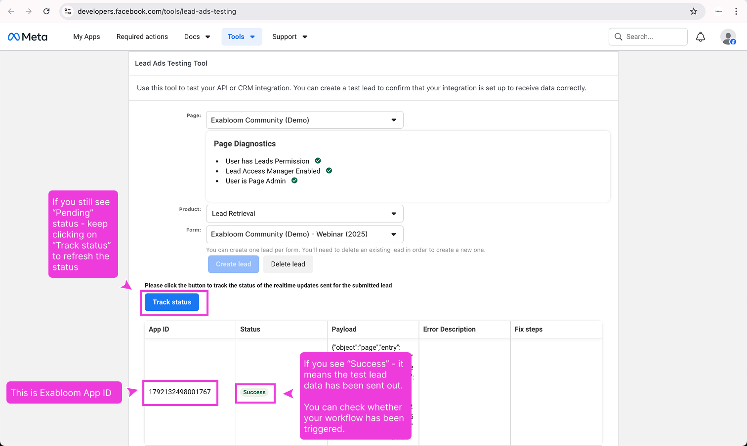 Track status showing Success