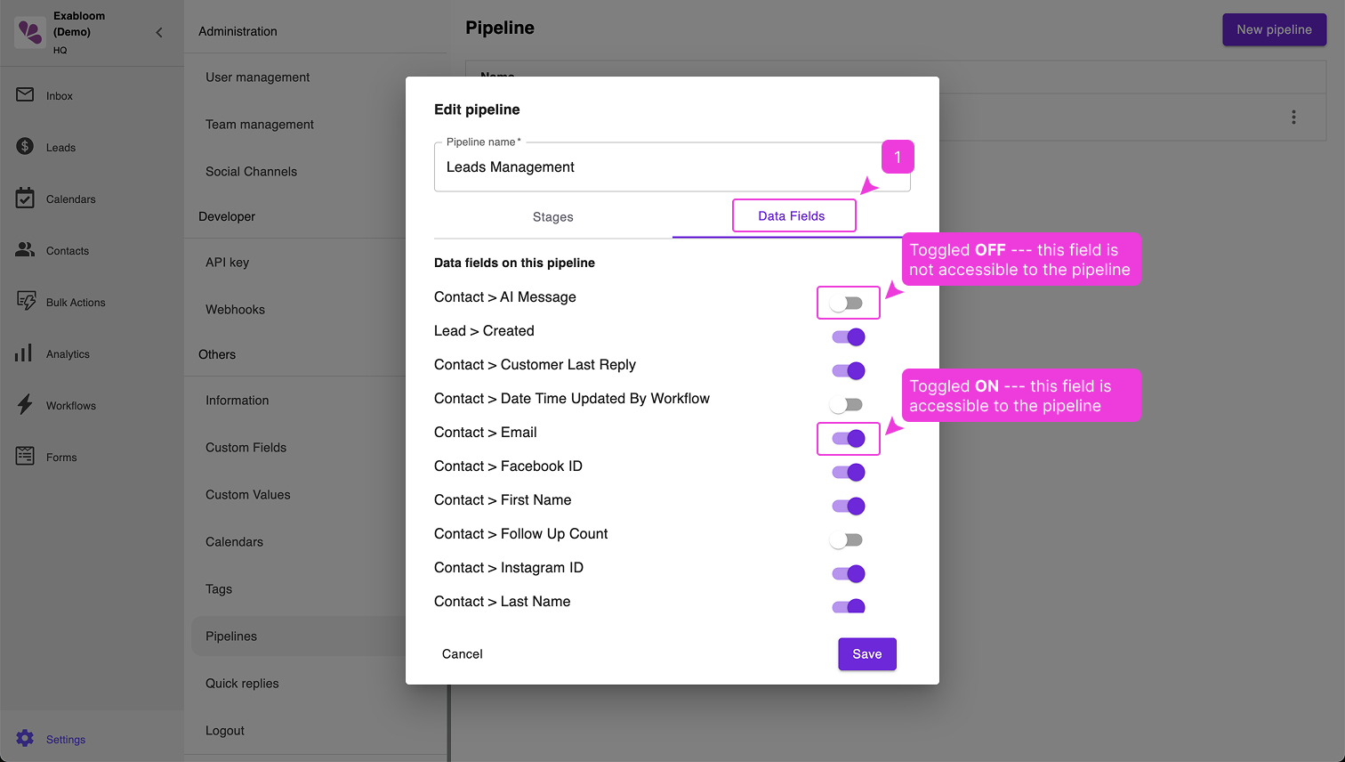 Toggle fields on/off