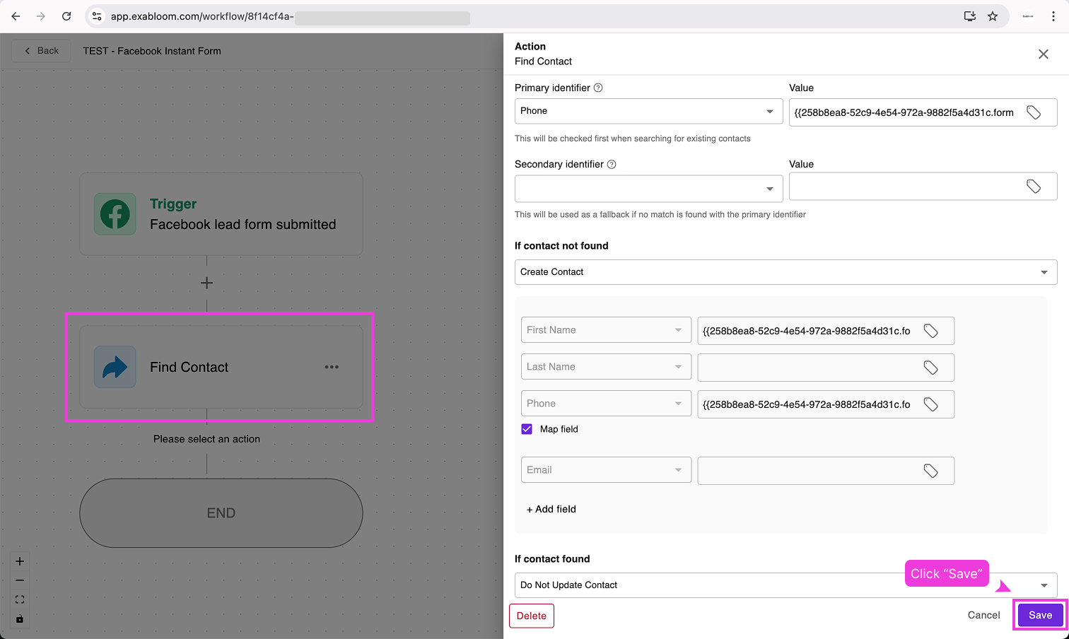 Save button for Find Contact configuration