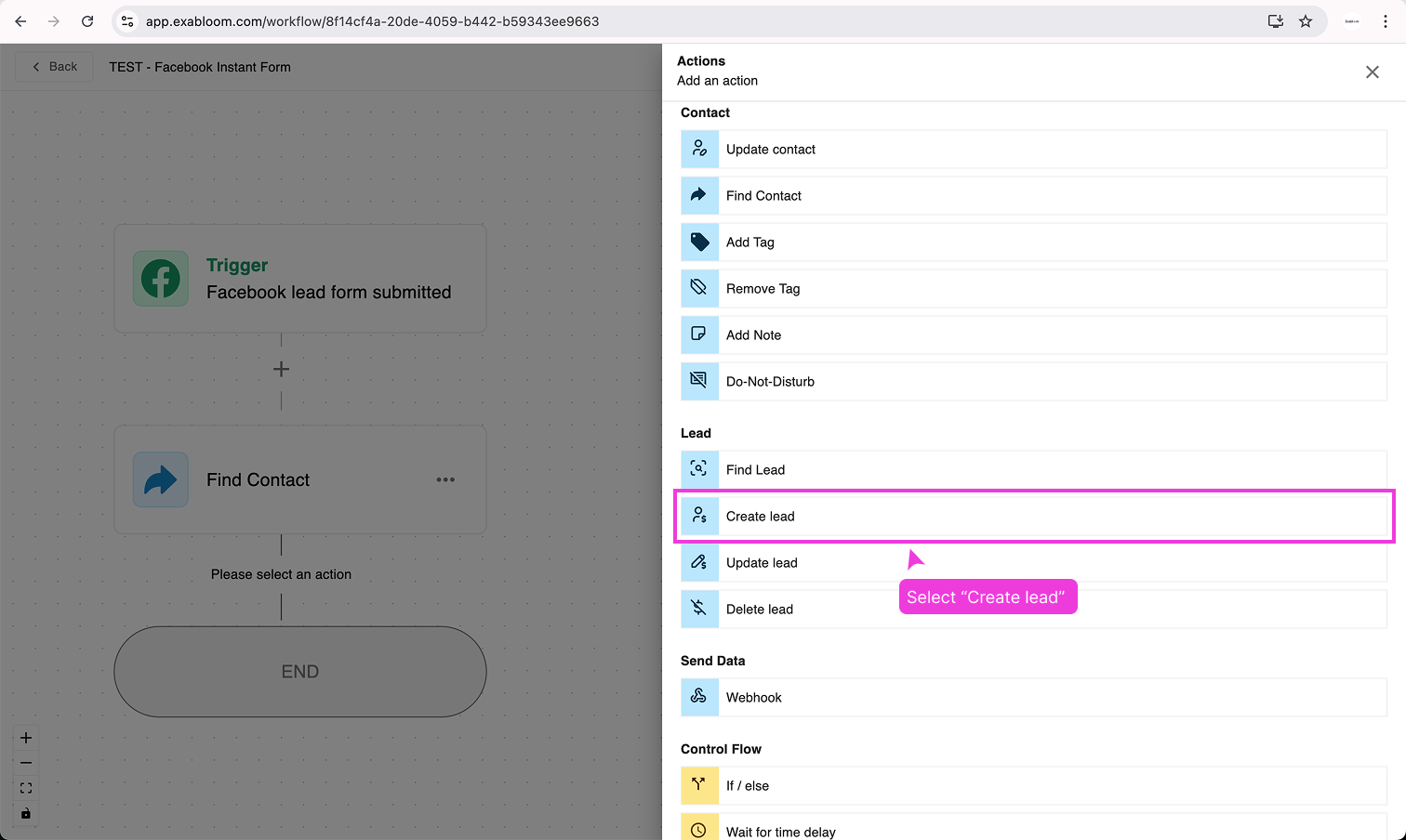 Selecting Create Lead action