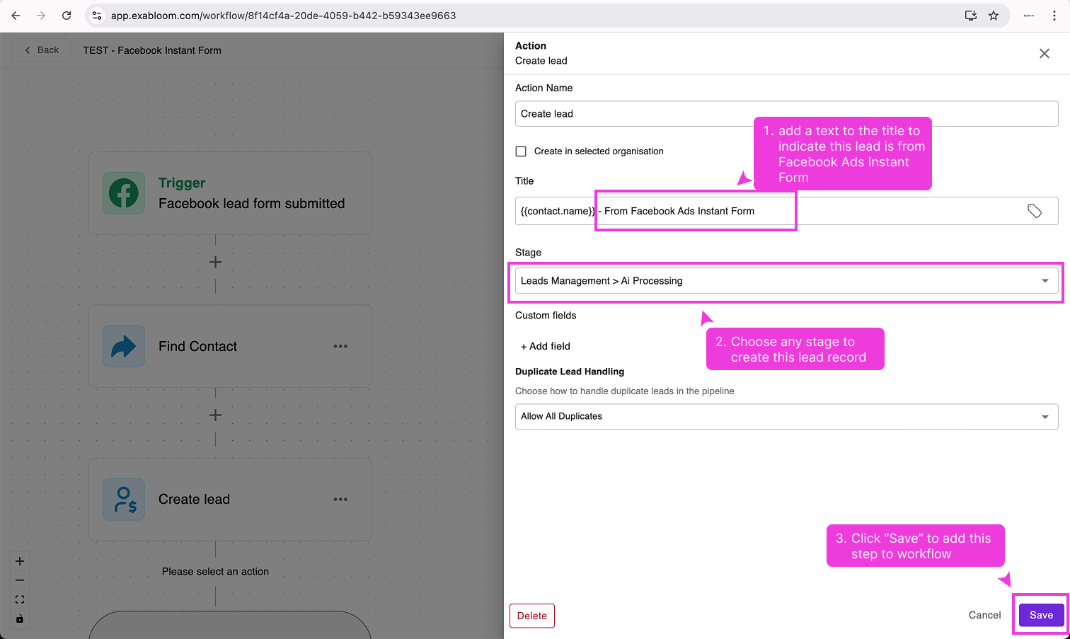 Configuring the Create Lead action