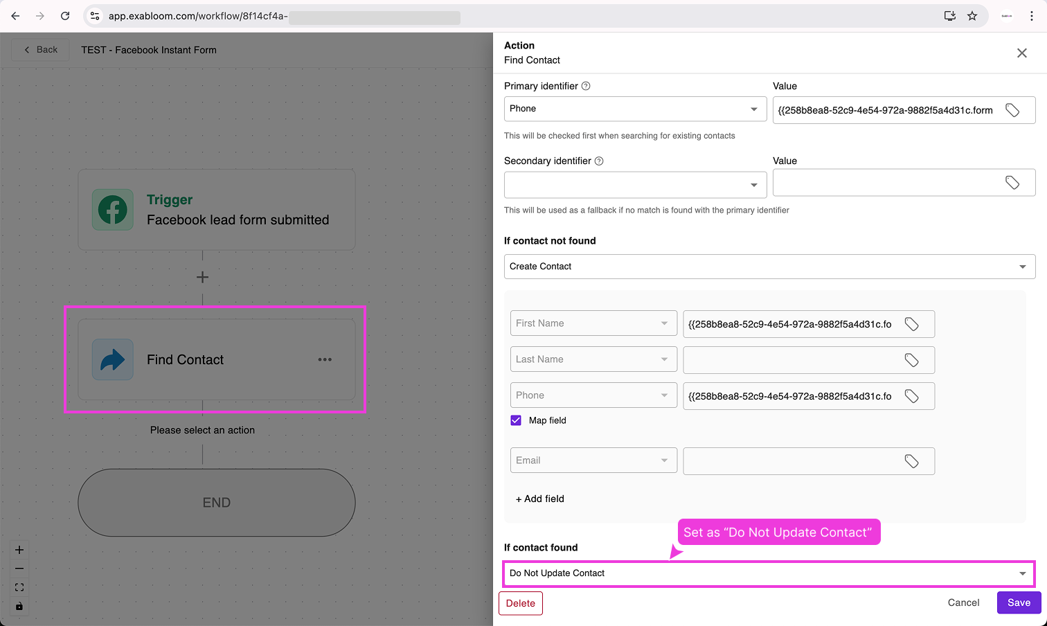 Setting the contact found behaviour to Do Not Update